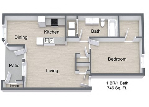 Floor plan for 1 bed, 1 bath, 746 sqft